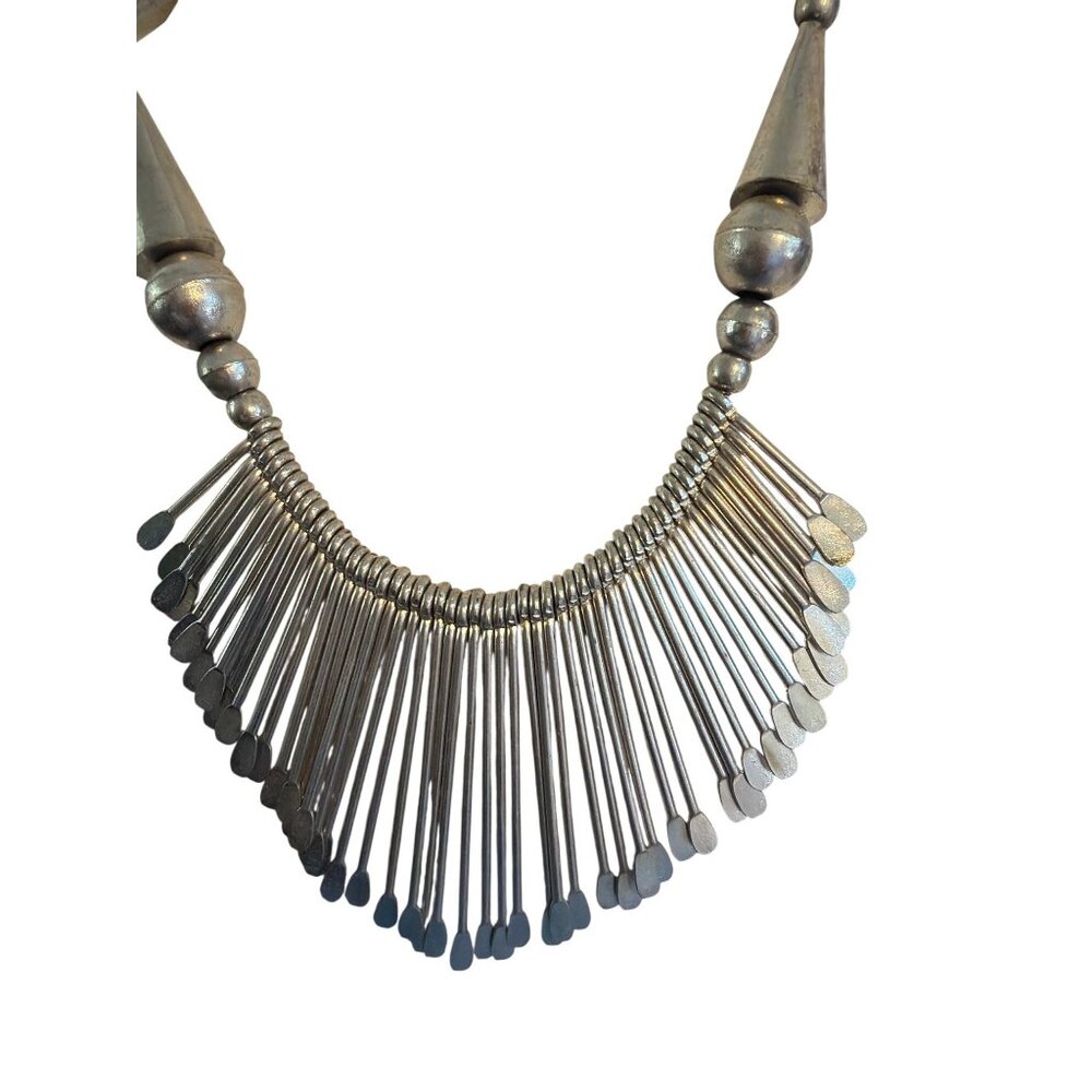 Silver Tone Black Cord Necklace Fringe Graduated Statement 23" Hook Clasp 73.27g